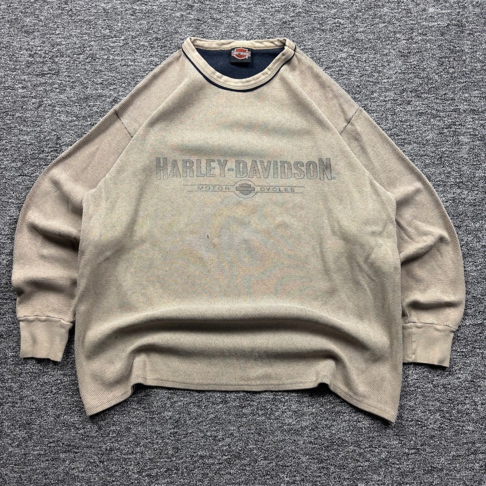 Vintage 90s Harley-Davidson Biker Thermal Long Sleeve Shirt Beige Men's XL